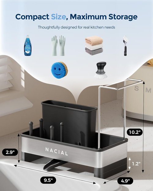 Nacial Kitchen Sink Caddy Organizer - Rustproof 304 Stainless Steel with Brush Holder & Towel Racks