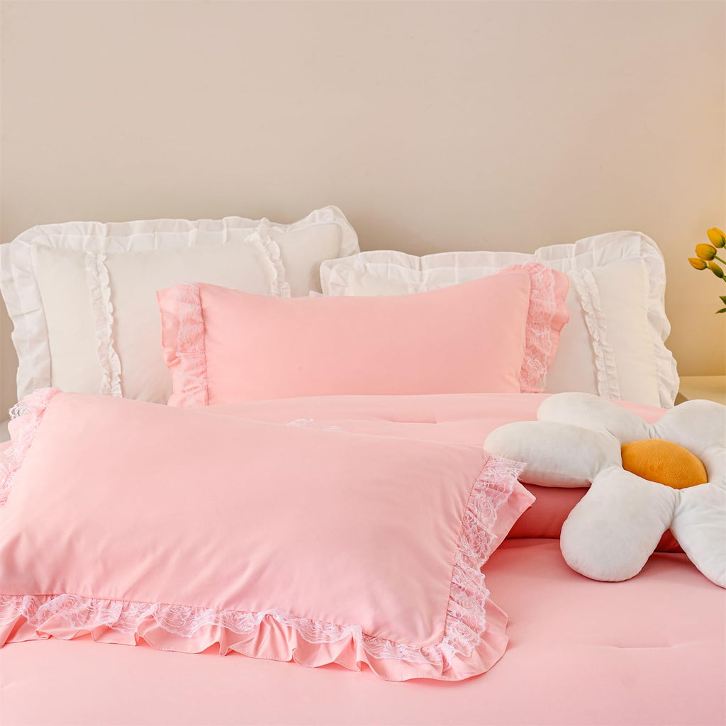 MOOWOO Chic Ruffle Lace Comforter Set -Girl Pink Bedding-2 Piece Twin Bed Quilt -Aesthetic Bedding,Ultra Soft and Durable,Fluffy Bed Comforter Sets for All Season