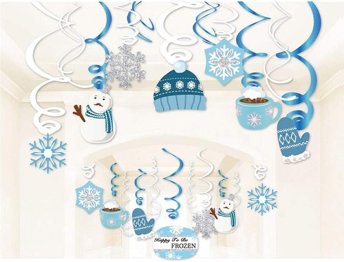 Christmas Snowman Hanging Swirl Decorations - Winter Snowflake Party Decor | 30 Count