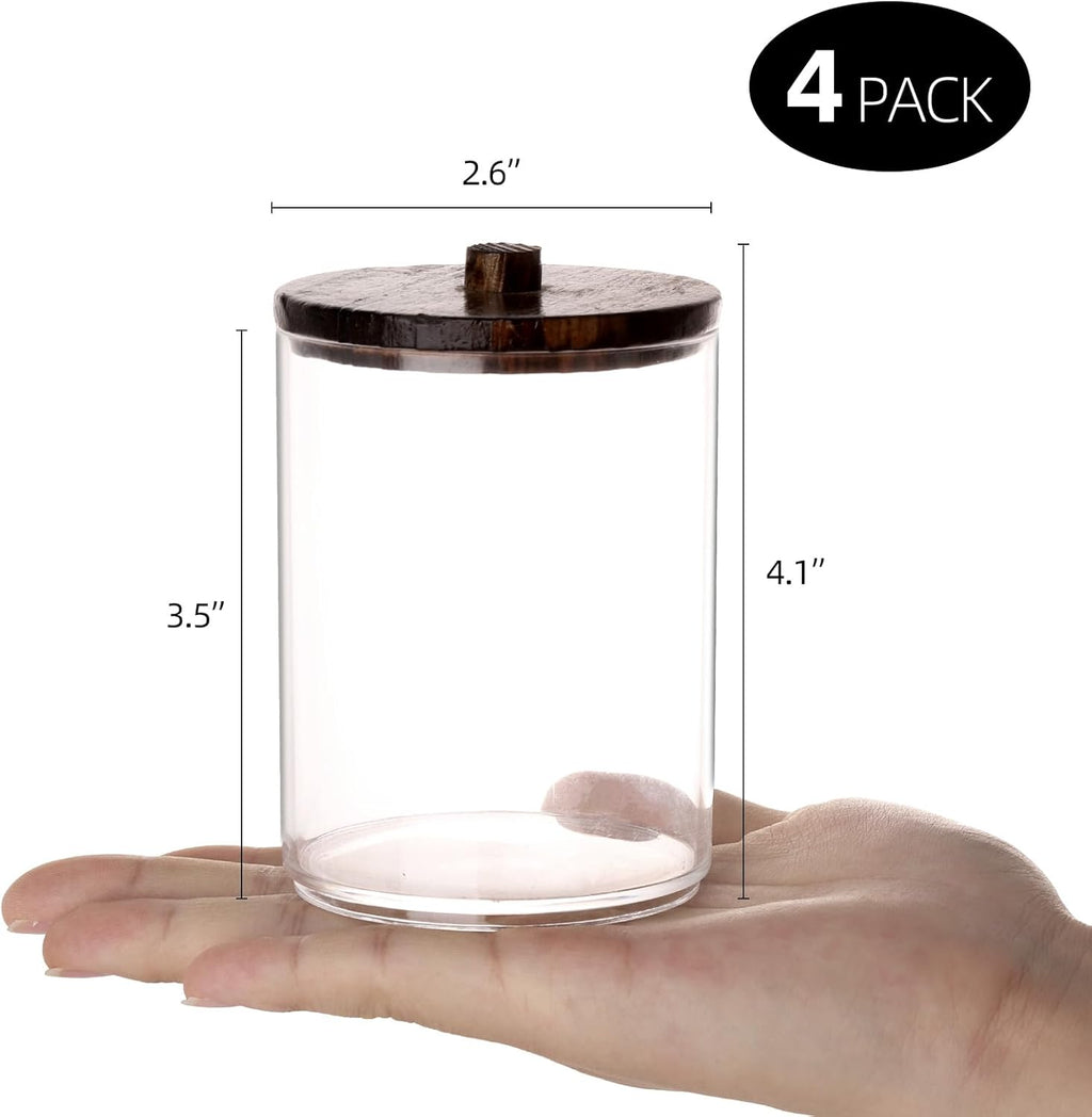 Tbestmax Qtip Holder Bathroom Set - 4 Pack Clear Plastic Organizers with Wood Lids | 10 oz Apothecary Jars for Cotton Balls, Swabs, Floss