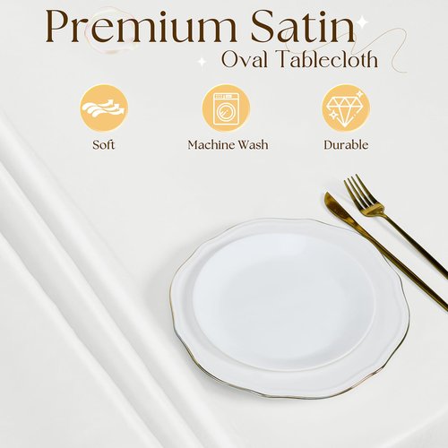 Cobedzy White Satin Oval Tablecloth 60 x 84 Inch for 6-8 Seats, Washable & Wrinkle Resistant Stain Resistant Fabric Table Cover for Wedding, Banquet, Party, Dining, Kitchen, Indoor Outdoor Use