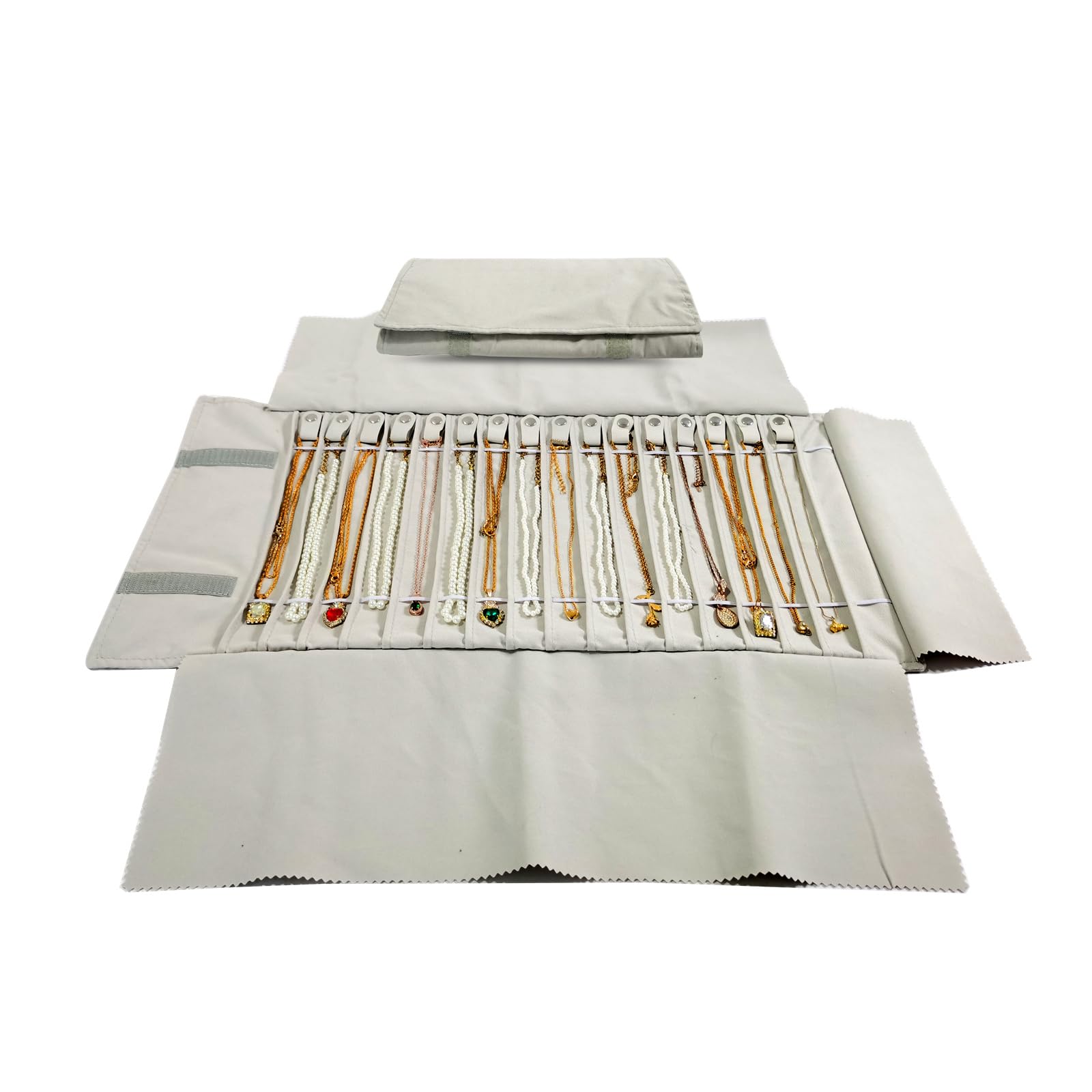 SCIKHEFT Portable Jewelry Roll Untangled Secure Necklace Travel Storage Bag Displays Holder 16 Chain (Beige)