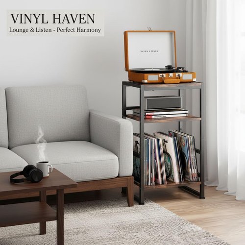 ZEXVIDA 3-Tier Vinyl Record Player Stand, End Table for Album Storage, 28" H Record Player Stand with Storage Up to 120 Albums, Side Table for Living Room Bedroom (Rustic Brown)