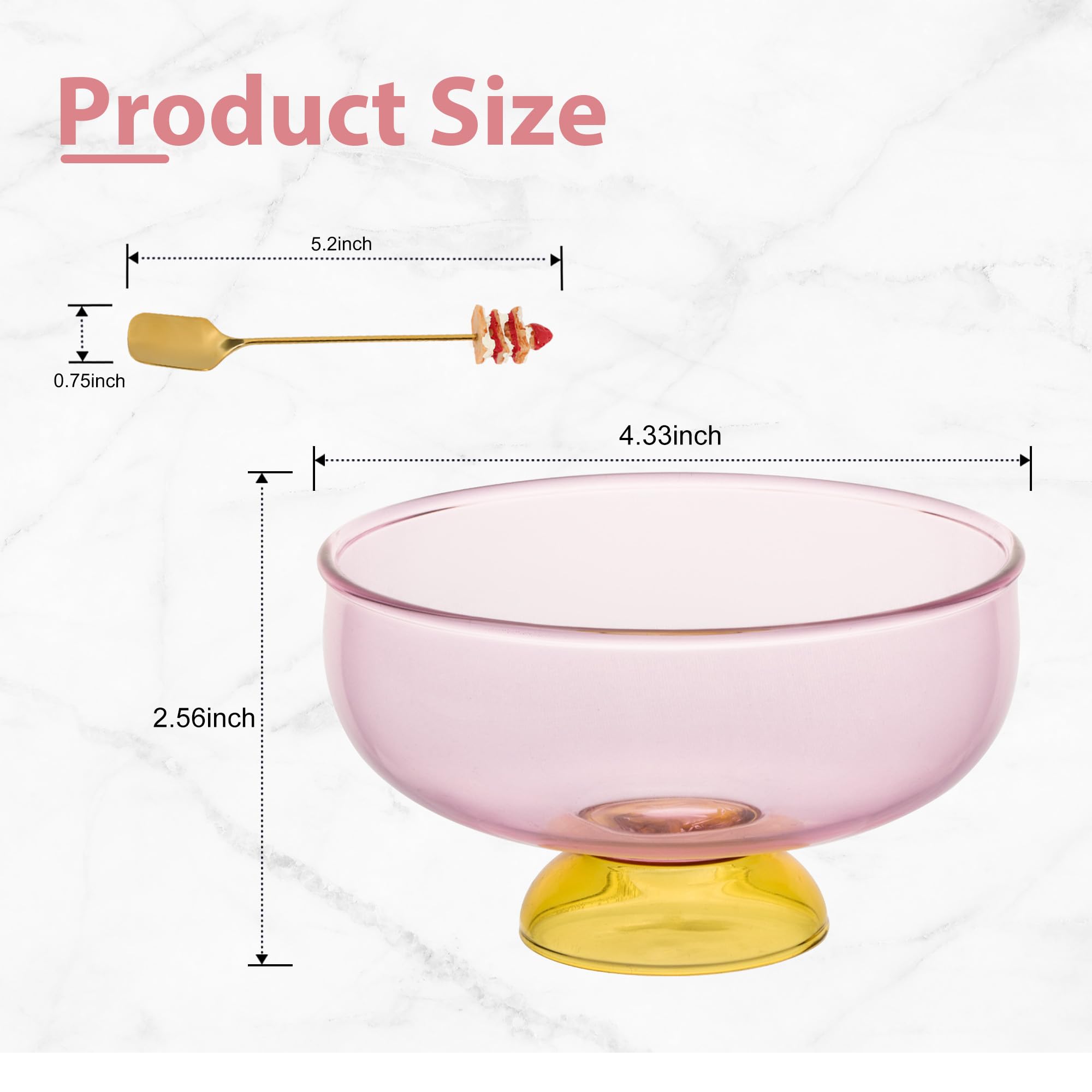 SERdeerCH Pink Glass Dessert Bowls Set of 2 Ice Cream Bowl with 2 Gold-Plated Spoons Decorative Microwave Safe for Fruit,Snack,Candy Glass Bowl Set