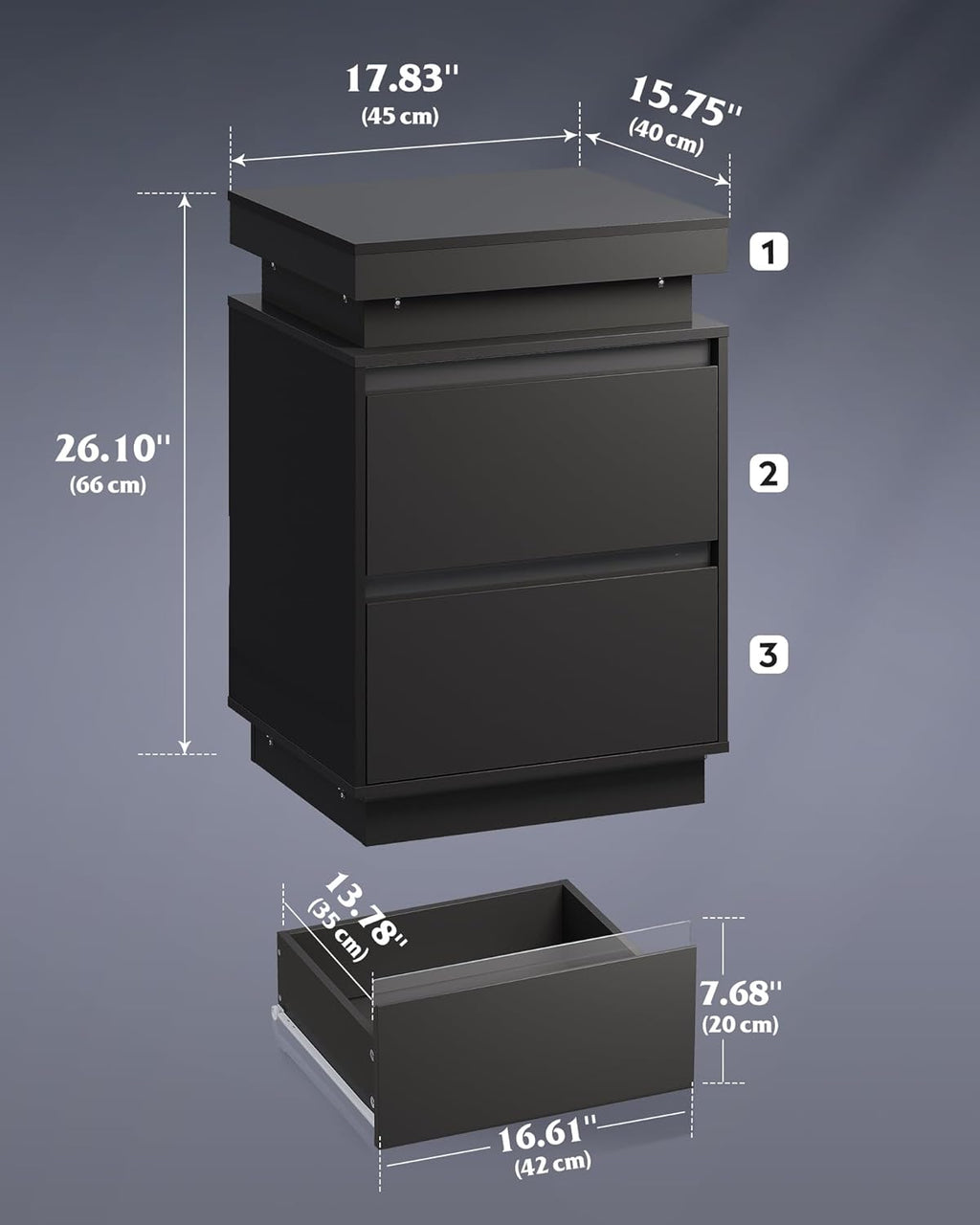 WLIVE Tall Black Nightstand - Modern Bedside Table with LED Lights & Charging Station | 2 Wooden Drawers