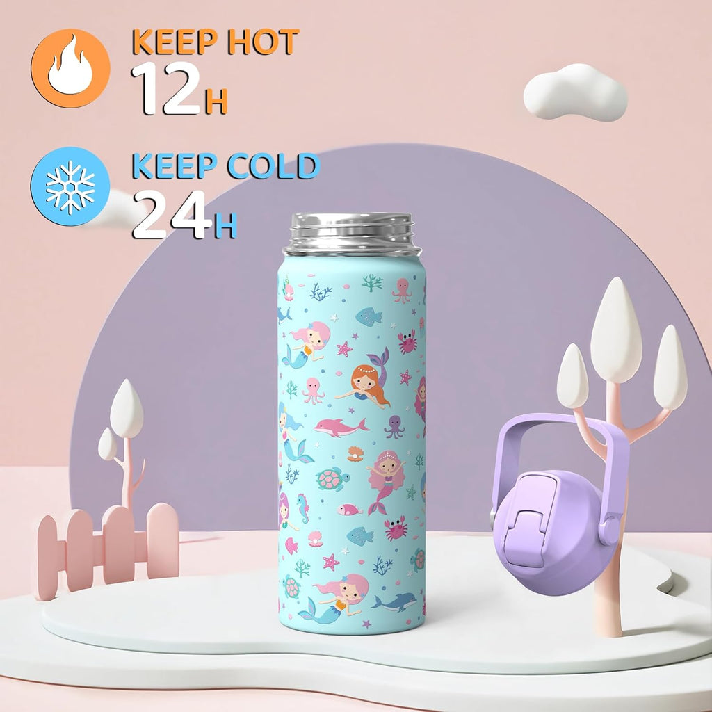 Skiennix 18oz Kids Insulated Water Bottle - BPA-Free Stainless Steel, Leak-Proof, Purple Mermaid