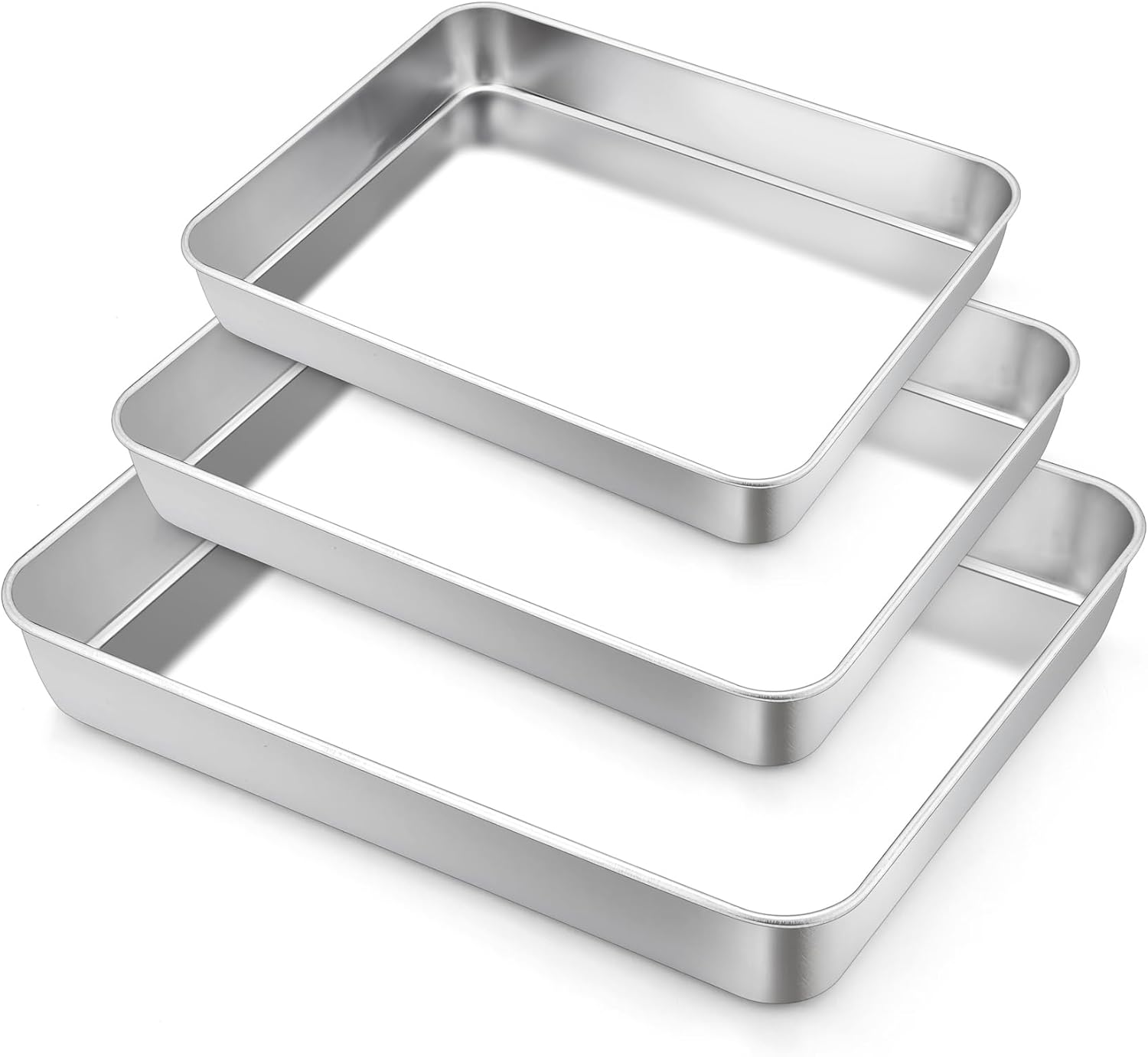 TeamFar Baking Pans Set - Stainless Steel Deep Cookie & Cake Pans | 12.5", 10.5", 9.4" Rectangle Bakeware for Healthy Home Baking