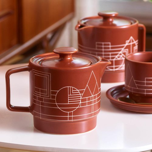 Tea Forte Terra Stoneware Teapot with Infuser and Lid, Frank Lloyd Wright, 20 oz. Sienna Stoneware Pot for Steeping Loose Leaf Tea, Dishwasher & Microwave Safe