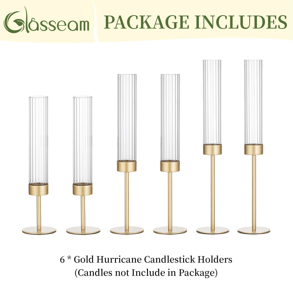 Glasseam Tapered Gold Candlestick Holders: 6 Pcs Tall Brass Taper Candle Holder with Ribbed Glass Cylinder - Hurricane Fluted Candle Holders for Table Centerpiece Wedding Party Christmas Decorations