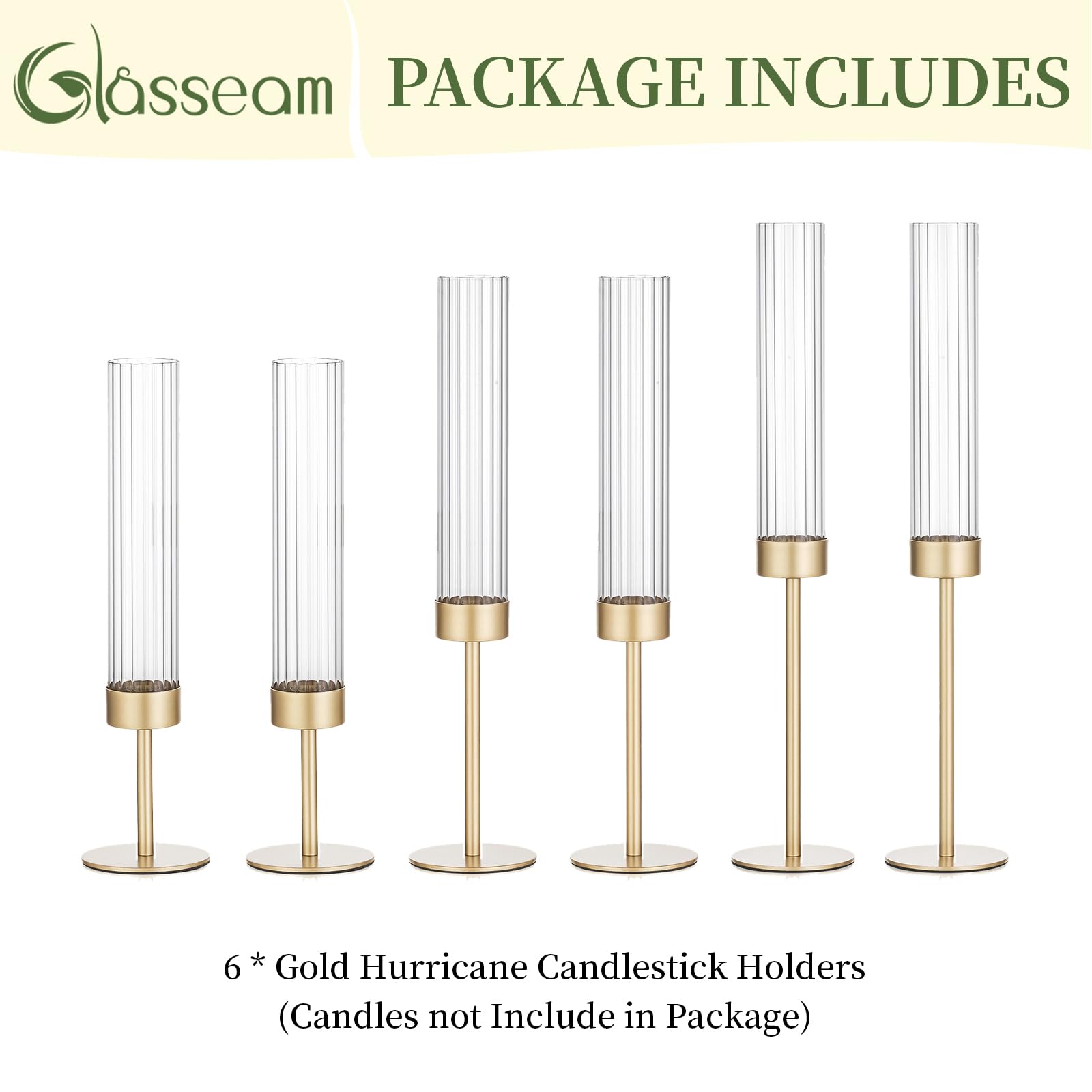 Glasseam Tapered Gold Candlestick Holders: 6 Pcs Tall Brass Taper Candle Holder with Ribbed Glass Cylinder - Hurricane Fluted Candle Holders for Table Centerpiece Wedding Party Christmas Decorations