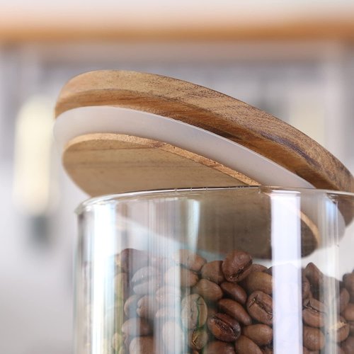 KKC HOME ACCENTS Clear Borosilicate Glass Glass Storage Jars with Airtight Wood Lids,Air Tight Sealed Wooden Top Glass Jars with Spoon for Coffee,Tea,Sugar, 25 OZ (750 ml)