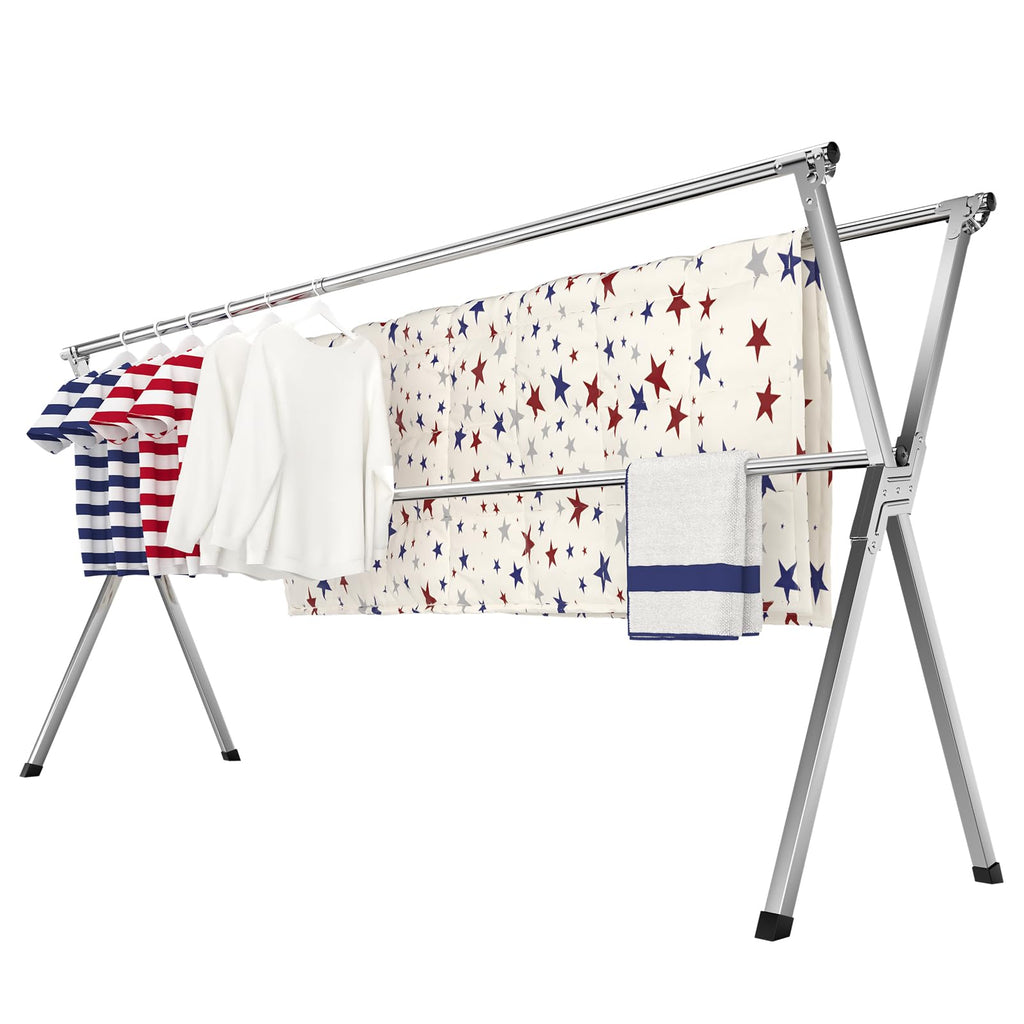 SOLVESTIS Clothes Drying Rack, Heavy-Duty Folding Laundry Drying Rack for Indoor Outdoor Use, 50.4-78.7" Extendable Stainless Steel, Space-Saving Design, Foldable Freestanding Airer