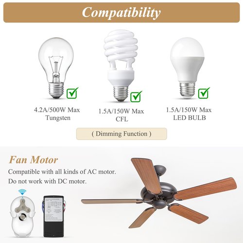 Universal Ceiling Fan Remote Control Kit, Compatible with Hunter, Harbor Breeze Hampton Bay, 3-Speed Control Fans with Dimmer, Remote Works with Hunter 99122 99123 99600