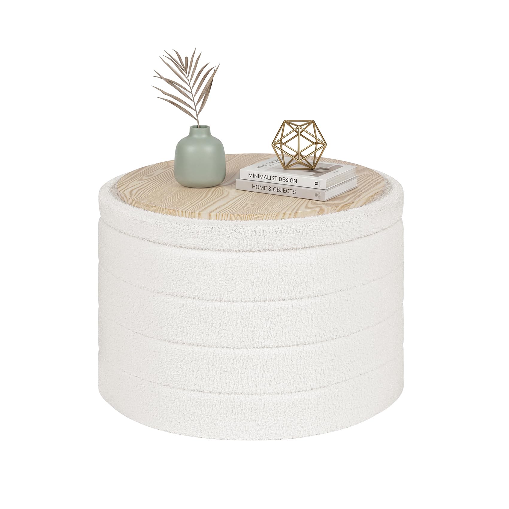 CAIPINFUL 22" Round Storage Ottoman,Boucle Sherpa Ottoman with Tray, Faux Teddy Foot Rest Coffee Table for Bedroom Dorm Living Room,White