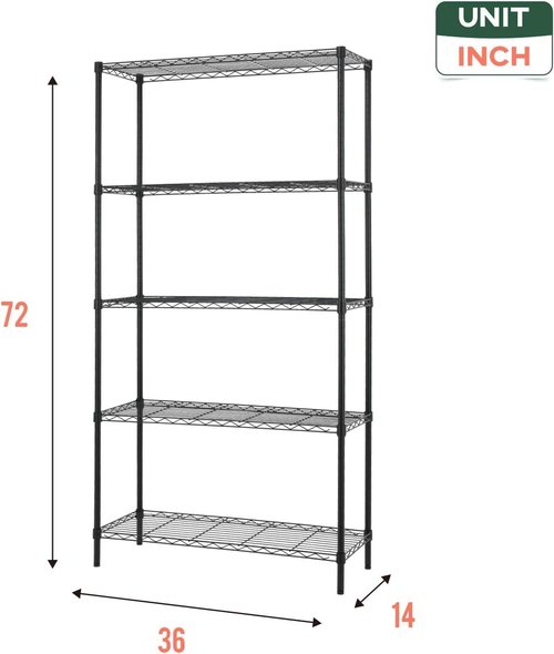 FDW Wire Shelving Unit - 5-Tier Adjustable Metal Rack | Strong Steel for Kitchen, Garage & Pantry - Black 14" D x 36" W x 72" H