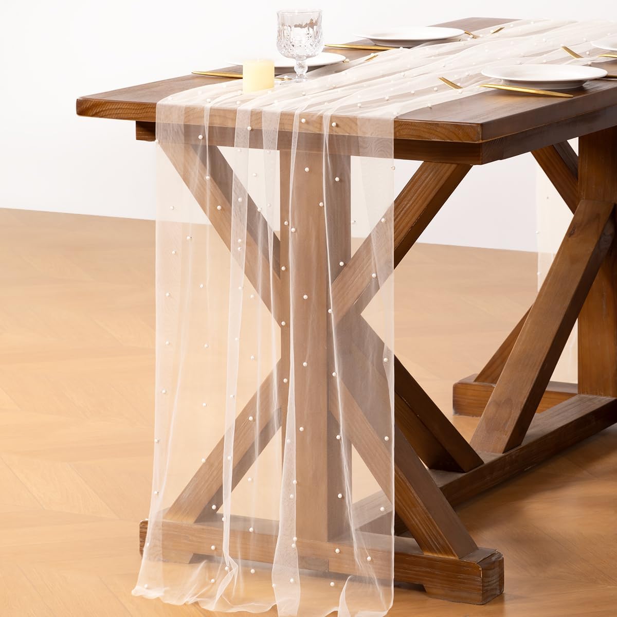 Socomi Pearl Table Runner - Elegant Tulle Design for Spring & Easter | 10FT Ivory White Decor