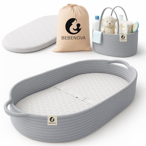 BEBENOVA Baby Changing Basket with Waterproof Pad, Baby Diaper Caddy Organizer, Blanket & Cotton Bag, Portable Changing Table Topper, Baby Changing Mat, Moses Baskets for Newborn (Grey)