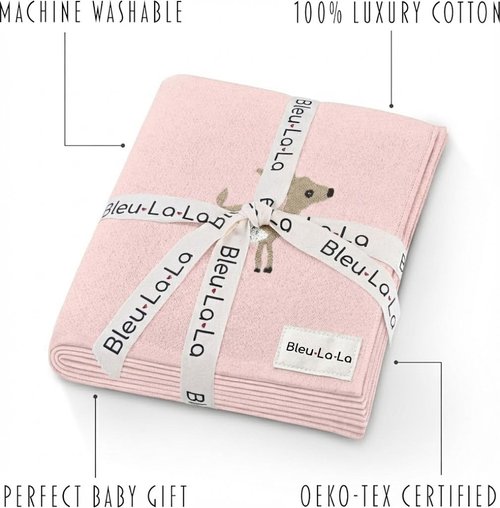 Bleu La La Knit Baby Swaddle Blanket - 100% Cotton Soft Cozy Receiving Swaddle Stroller Blanket for Shower Gift Registry for Newborns, Infants, Toddlers (Deer - Pink)