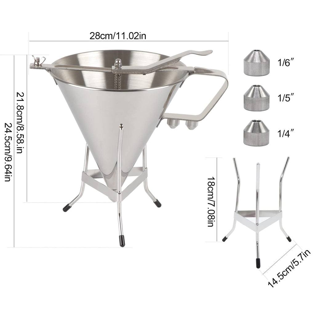 Confectionery Funnel Stainless Steel with Stand and 3 Nozzles, Commercial Grade Cake Decorating Tool Bakery Use, Precise Dispensing and Filling