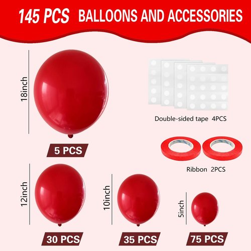 IXVAN Red Balloons 145pcs Different Sizes 5in 10in 12in 18in Red Latex Balloon Helium Arch Kit Garland for Graduation Wedding Valentines Day Baby Shower Birthday Party Decoration