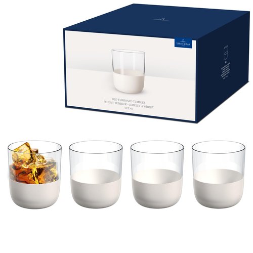 Villeroy & Boch - Manufacture Rock Blanc Whisky Tumbler Set, 4 pcs. Set of Drinking Glasses for Whisky and Cocktails, 12.5 oz, Crystal Glass, Matte White Slate Look