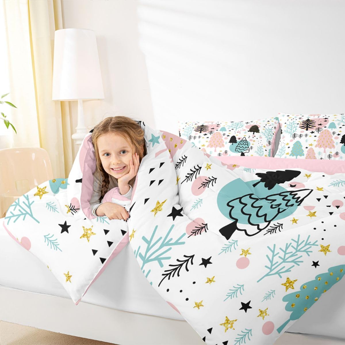 Xmas Comforter Set Queen Size Merry Christmas Bedding Winter Themed Bedding Comforter Sets Pine Snowflake Print Duvet Sets for Boys Girls Kids Happy New Year Gifts Christmas Decor Quilt 3 Piece