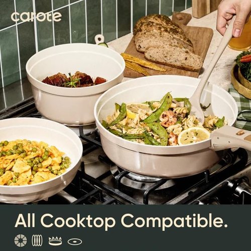 CAROTE 18-Piece Titanium Nonstick Ceramic Cookware Set - Detachable Handles, Non-Toxic, Induction Compatible, Dishwasher Safe