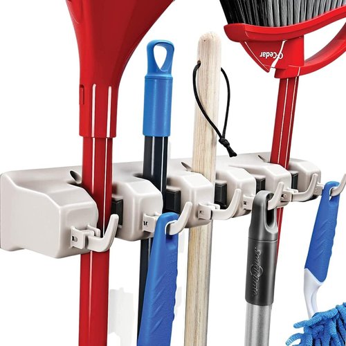 HOME IT Mop And Broom Holder Wall Mount - Versatile Garage Storage System with 5 Slots & 6 Hooks - Off-White Garden Tool Organizer for Home & Garage