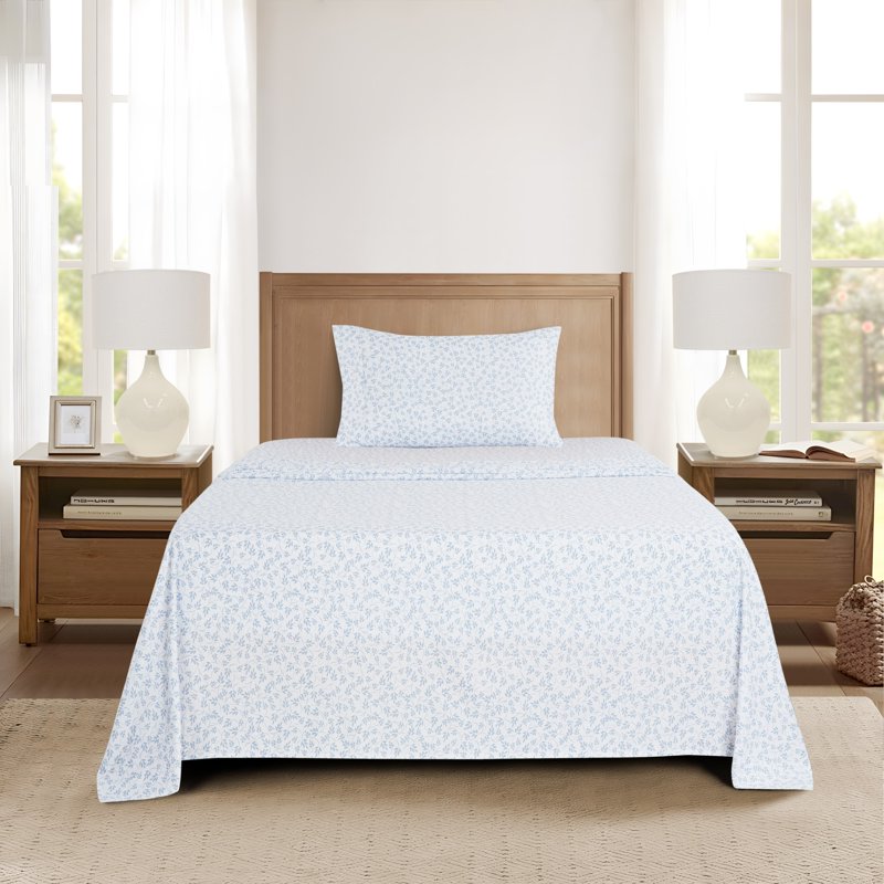 Mainstays Twin XL Microfiber Bed Sheet Set - Light Blue Leaves, 3 Piece