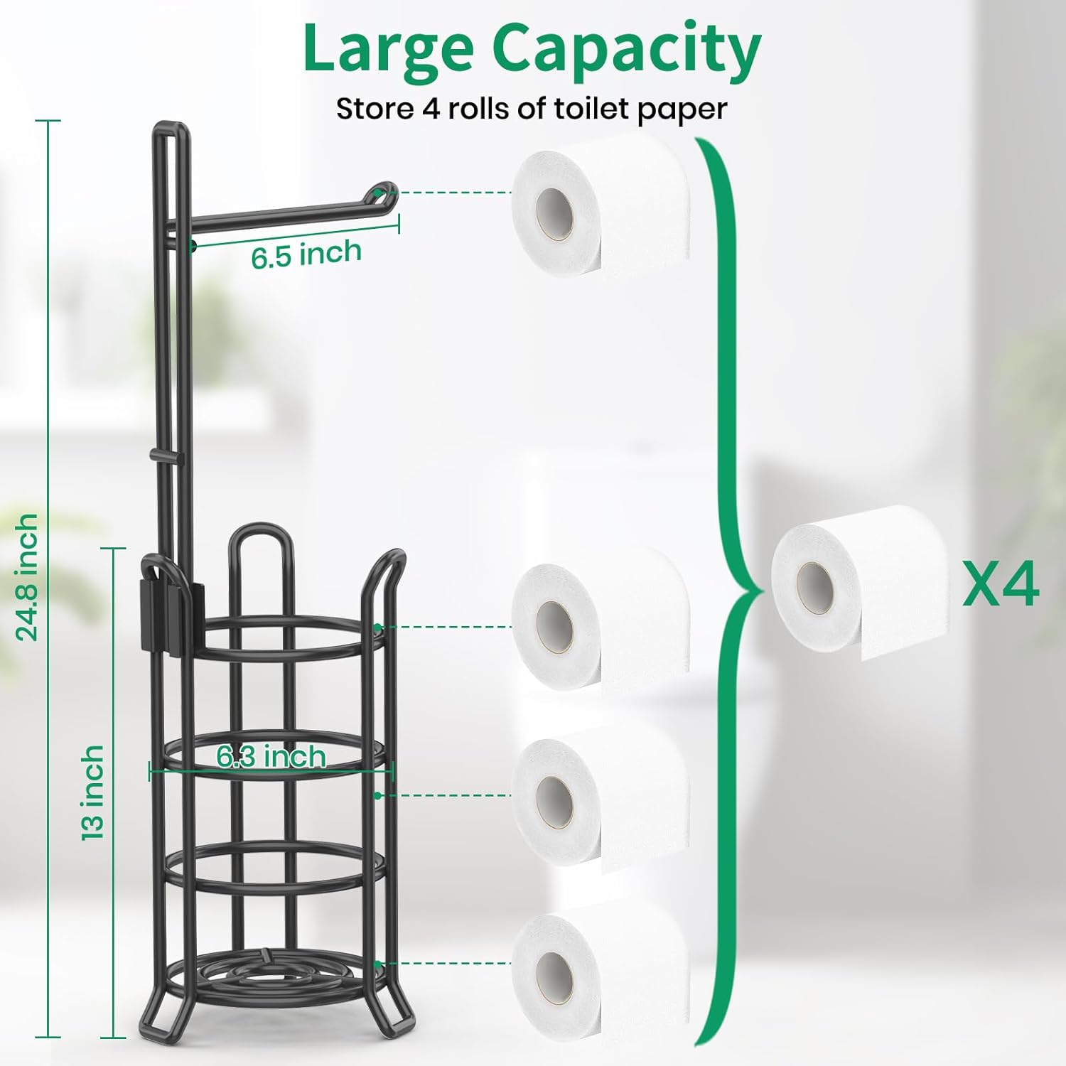 TomCare Toilet Paper Holder - Free-Standing Metal Wire Dispenser for 3 Spare Rolls | Black Bathroom Organizer