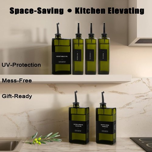 Gelury Olive Oil Dispenser Bottle for Kitchen 16.9oz, UV-Blocking Oil and Vinegar Dispenser Set, Soy Sauce Dispenser, Space Saving Design for Countertop (Green, 2pcs)