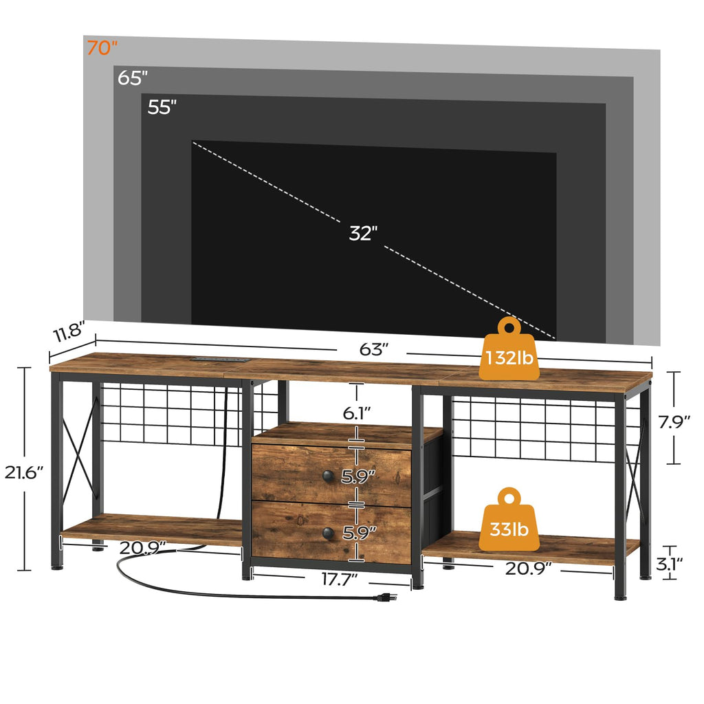 YATINEY TV Stand with Power Outlet Up to 70 Inch, Entertainment Center with 2 Fabric Drawers, TV Console Table with Open Storage Shelves for TVs, Cable Management, for Living Room, Bedroom, DS16UBRY1