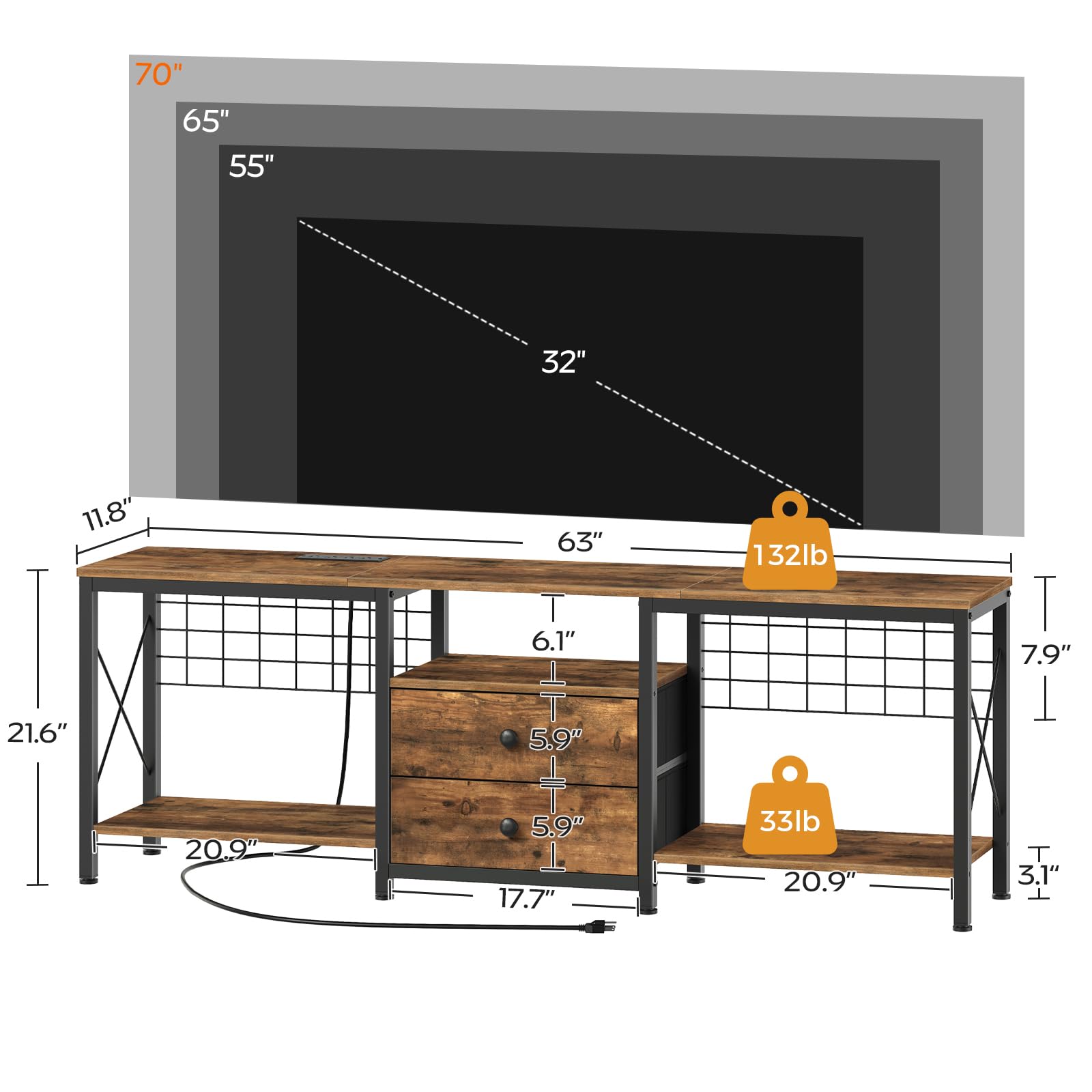 YATINEY TV Stand with Power Outlet Up to 70 Inch, Entertainment Center with 2 Fabric Drawers, TV Console Table with Open Storage Shelves for TVs, Cable Management, for Living Room, Bedroom, DS16UBRY1