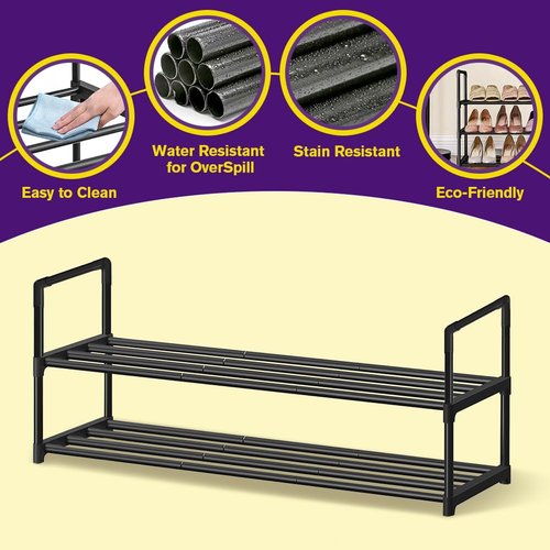 XSBAIHUO Shoe Rack - Metal Shoe Rack Organizer - Stackable Shoe Storage Shelf for Entryway, Closet, Bathroom 30cm(D) x 92cm(W) x 55cm(H) -Black (2-Tier)