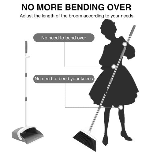 NACENA Broom and Dustpan Set, 52-in Long Adjustable Handle Broom Dustpan Combo with Dustpan Teeth to Automatically Clean Hair Suitable for Home Kitchen Office Hall Floor(Grey&White)
