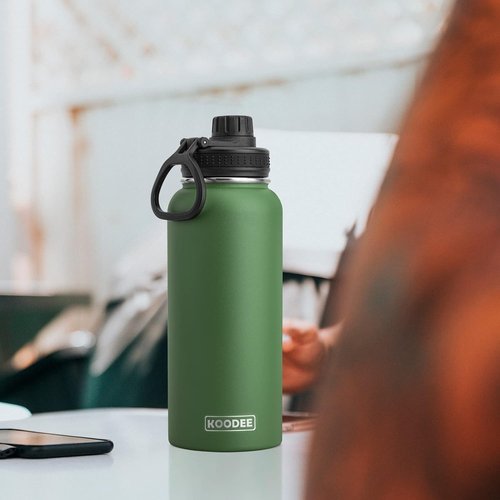 Koodee Insulated Water Bottle - 32 oz Stainless Steel Double Wall Vacuum | Leakproof Spout Lid in Grass Green