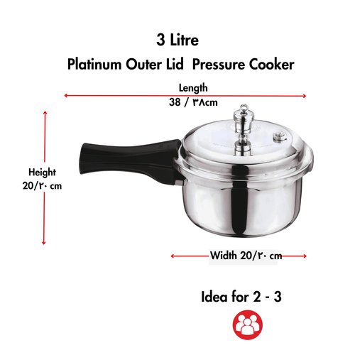 Vinod Platinum Triply Stainless Steel Outer Lid Pressure Cooker102 oz Capacity - ISI Certified, Silver, Induction Friendly, Pressure Cooker for Home Cooking