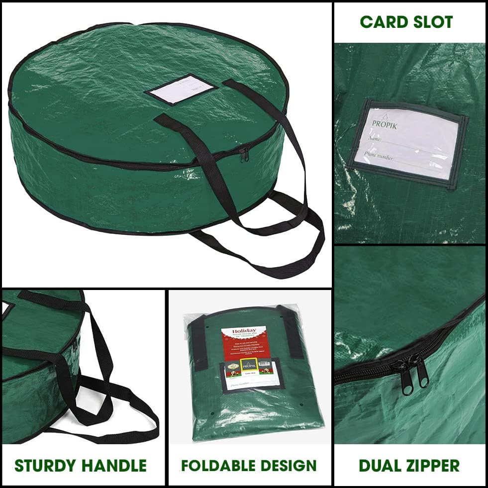 ProPik Christmas Wreath Storage Bag - 30" Tear-Resistant Holiday Container with Heavy-Duty Handles | 2 Pack, Green
