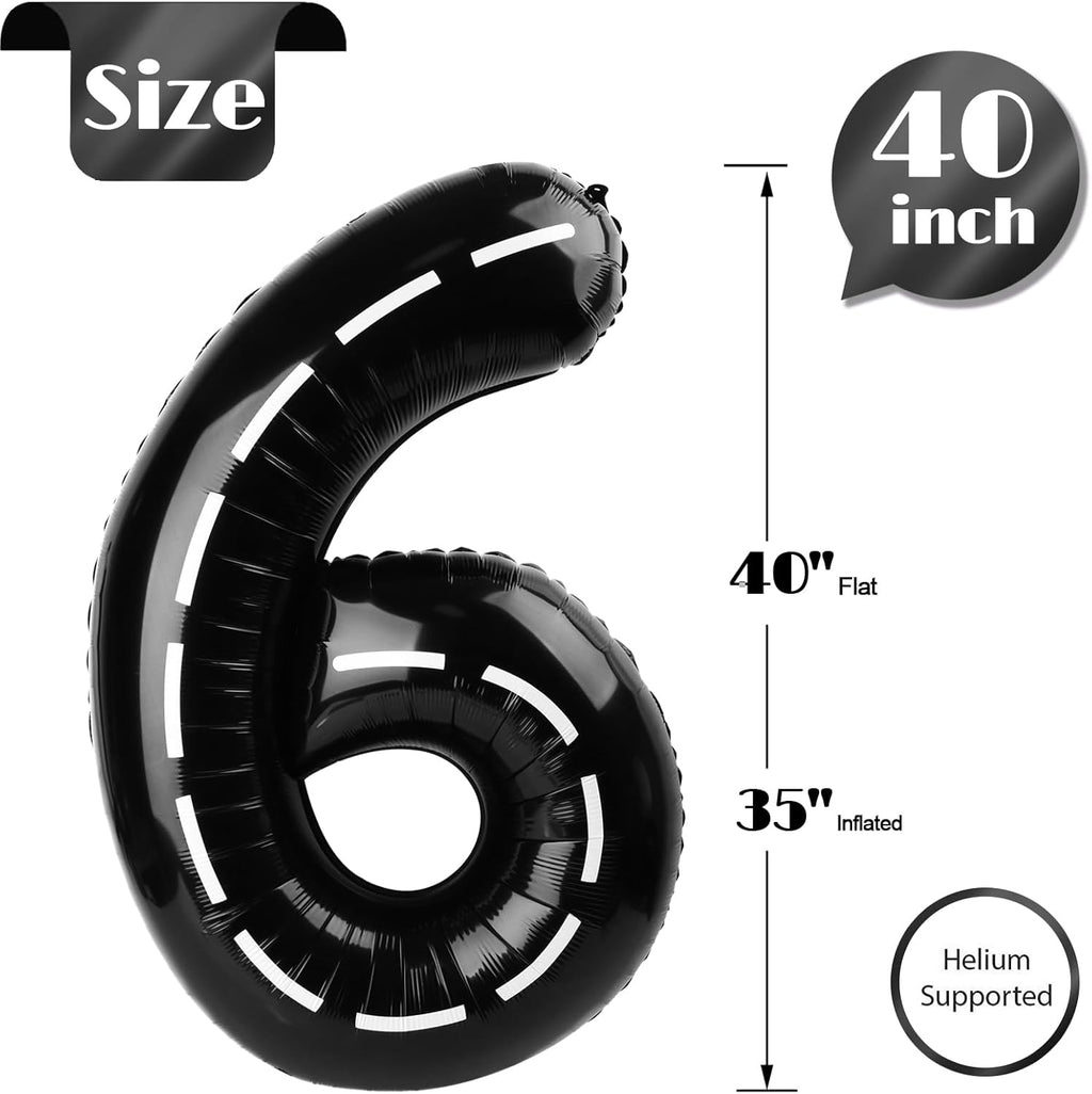 Race Car 6 Balloon - 40 Inch Black Number Balloon for 6th Birthday Party Decorations