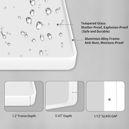 LOAAO White Metal Framed Bathroom Mirror - 30x30 Inch Large Rounded Rectangle, Anti-Rust, Tempered Glass