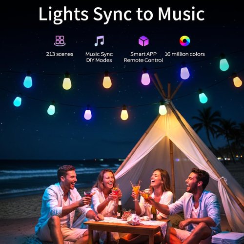 AurNyvaMay Outdoor String Lights S14, Smart Patio Lights with 15 Shatterproof LED Bulbs, APP & Remote Control, 213 Scene Modes, IP67 Waterproof for Garden, Wedding, Party, Camping