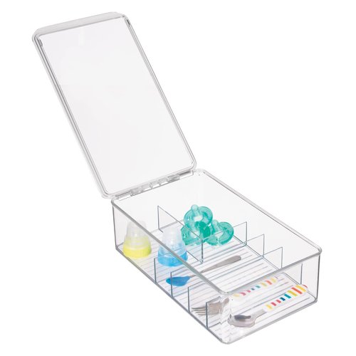 mDesign Stackable Plastic Storage Organizer Container for Kitchen Cabinets, Pantry, Countertops - Holds Kids, Child/Toddler Mealtime Sets, Small Accessories - 6 Sections - BPA Free, 2 Pack - Clear