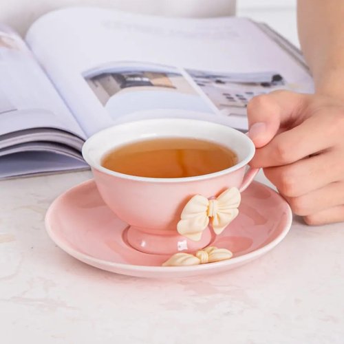 ICHAG Tea Cups and Saucers Set, Tea Cups Set of 6,18-Piece 8oz Vintage Porcelain Teacup and Saucer Set with Golden Spoon and Bowknot, Coffee Cup Set for Women's Tea Party, Home Office Gifts