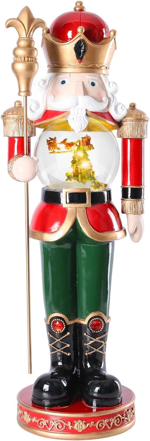 Bdor Large Luxury Nutcracker Soldier | 30-Inch Handcrafted Christmas Decoration with Rotating Reindeer Snow Globe