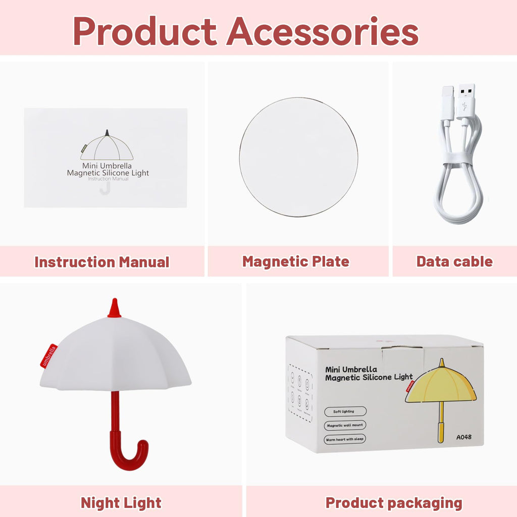 Umbrella Night Light for Kids, 3 Levels Dimmable Silicone Tap Lamp for Baby Nursery, Rechargeable Squishy Bedside Night Lamp for Bedroom, Light-Up Magnetic Fridge Magnets for Kitchen (White)