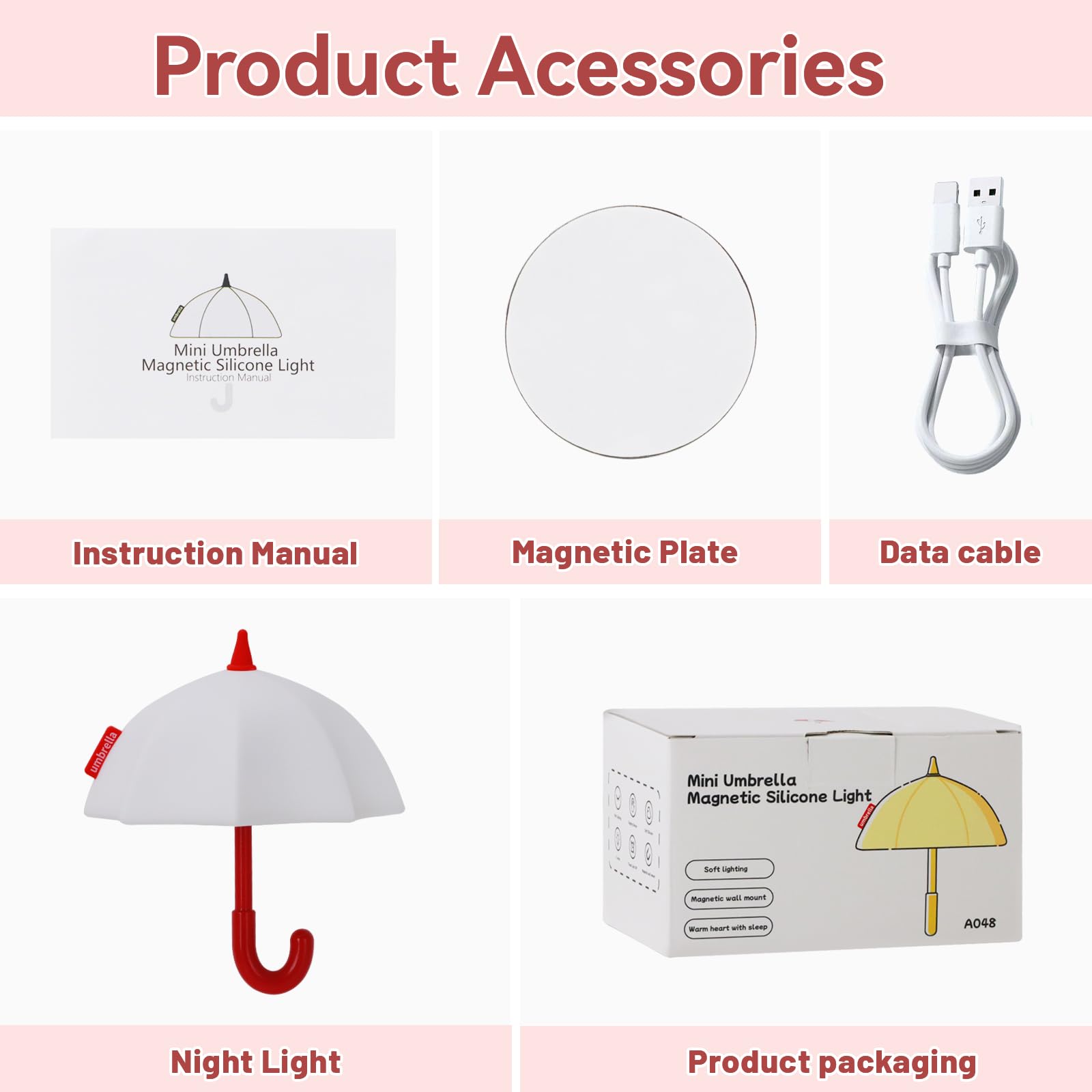 Umbrella Night Light for Kids, 3 Levels Dimmable Silicone Tap Lamp for Baby Nursery, Rechargeable Squishy Bedside Night Lamp for Bedroom, Light-Up Magnetic Fridge Magnets for Kitchen (White)