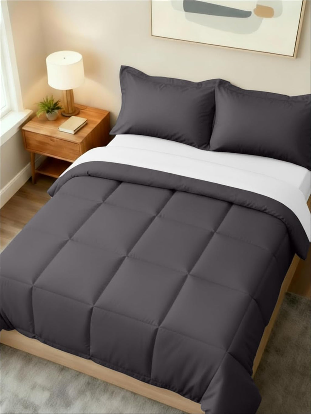 Queen Comforter Set - 3-Piece All-Season Bedding with Soft Quilted Comforter & 2 Pillow Shams - Dark Grey