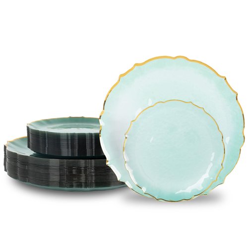 Lullaby 100pcs Translucent Green Plastic Plates with Gold Rim, Fancy Lace-Edged Disposable Plates include 50pcs Dinner Plate 10”, 50pcs Dessert Plate 7”, Perfect for Party, Wedding, Holiday