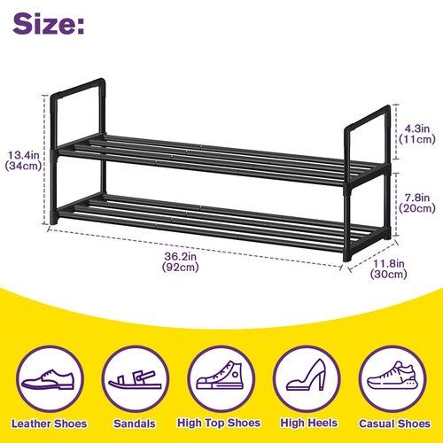 XSBAIHUO Shoe Rack - Metal Shoe Rack Organizer - Stackable Shoe Storage Shelf for Entryway, Closet, Bathroom 30cm(D) x 92cm(W) x 55cm(H) -Black (2-Tier)