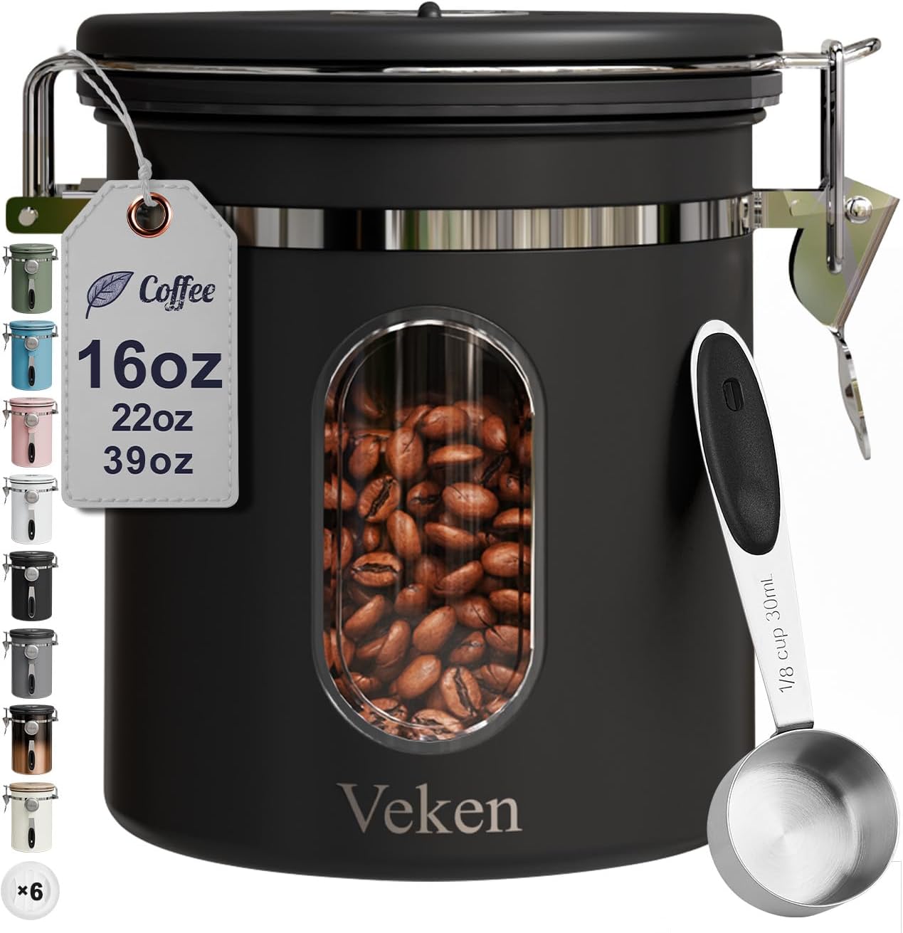 Veken Coffee Canister - Airtight Stainless Steel Food Storage Container with Window & Date Tracker | 16oz Black